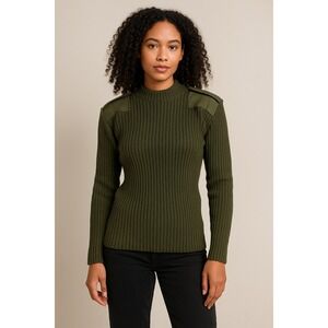 Army Green Wool Sweater Elbow Patches Mock Neck Ribbed Knit Military Style‎